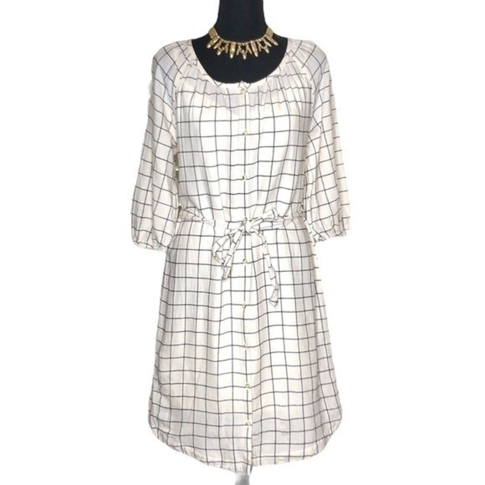 Old Navy Cream and Black Windowpane Shirt Dress S